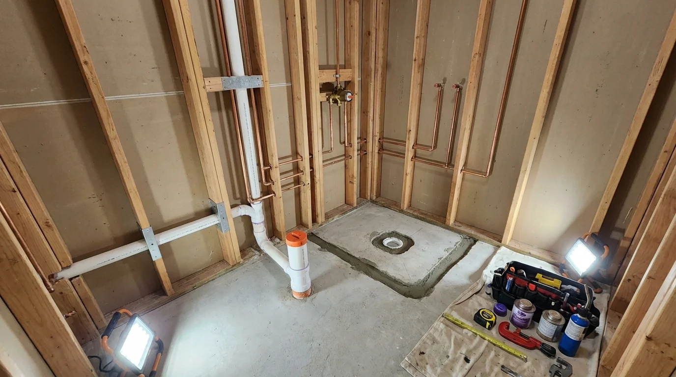 Bathroom rough-in plumbing during remodel by Johns Plumbing LLC in Yucaipa