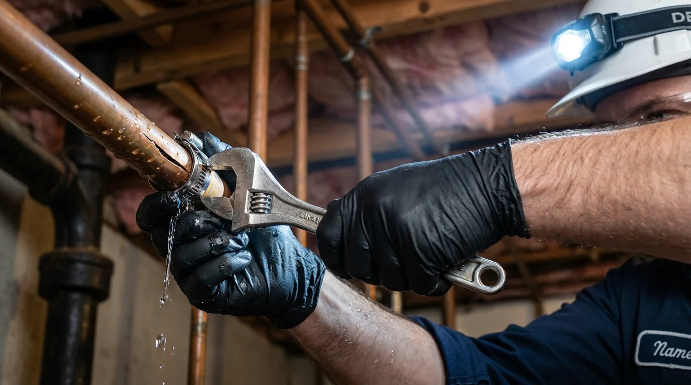 Emergency pipe clamp repair being performed by a Johns Plumbing LLC plumber in Yucaipa