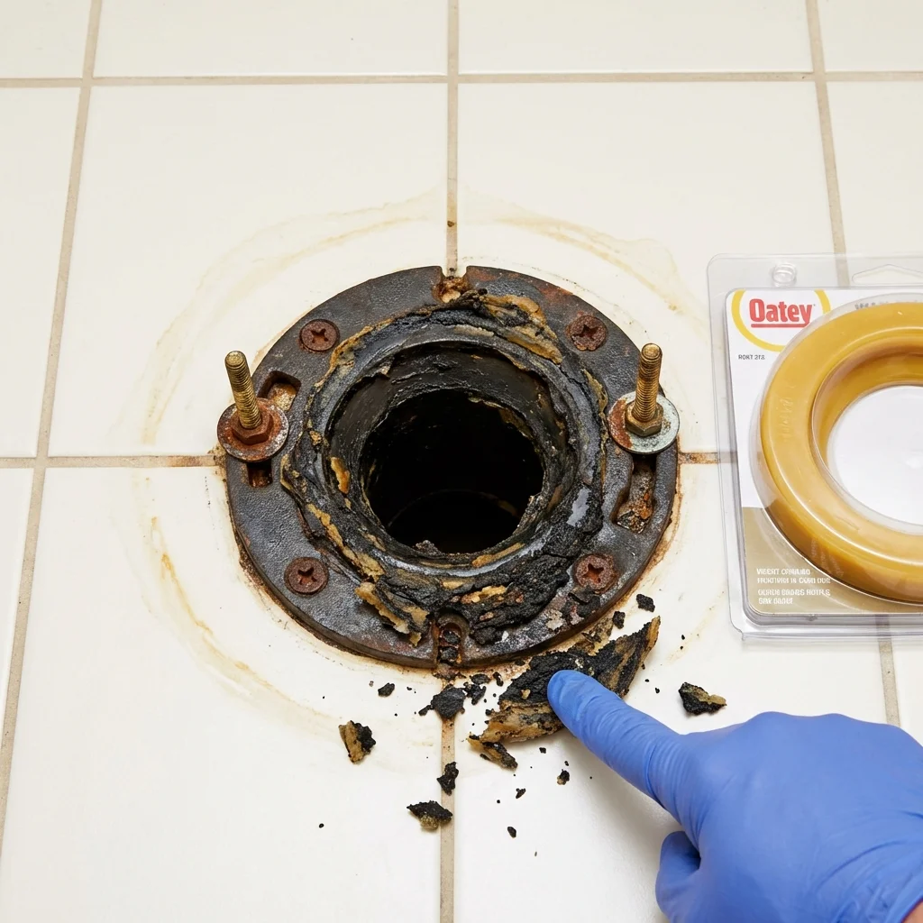 Failed wax ring showing water seepage at the base of a toilet in a Yucaipa, CA home
