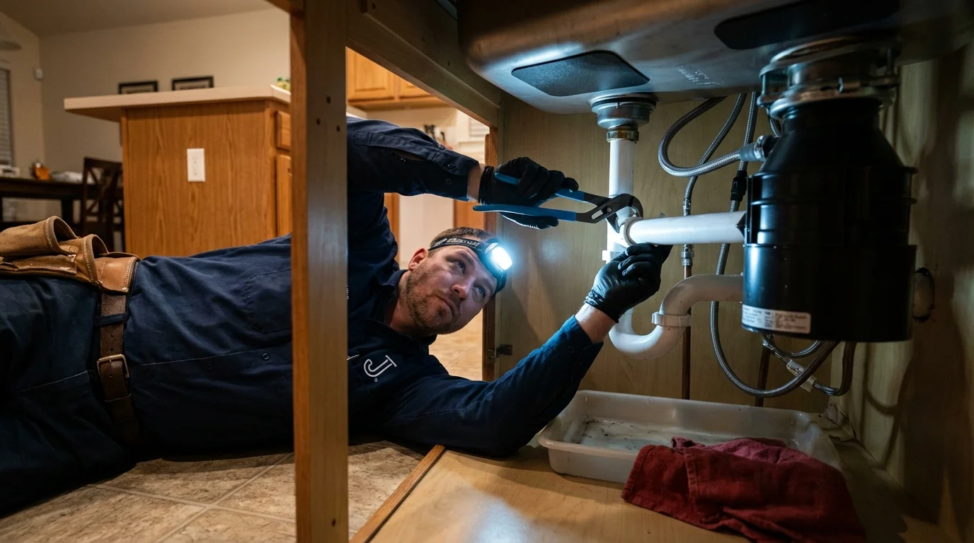 P-trap and supply line connections under a kitchen sink showing a common leak point in Yucaipa, CA